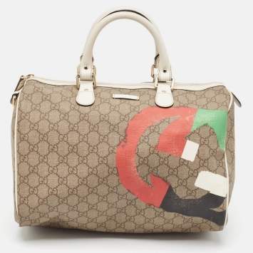 Pre Owned Gucci White/Beige GG Supreme Canvas Medium Italian GG Flap Boston Bag 