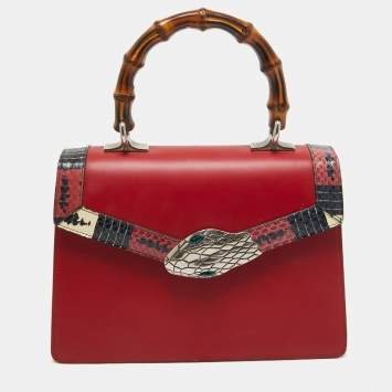 Pre Owned Gucci Red Leather and Snakeskin Lilith Top Handle Bag