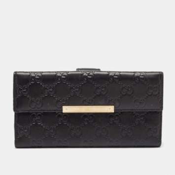 Pre Owned Gucci Black Guccissima Leather Metal Bar Continental Wallet