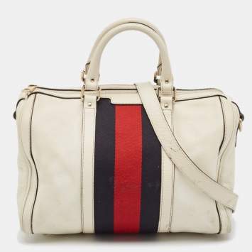 Pre Owned Gucci Off White Canvas and Leather Medium Web Boston Bag