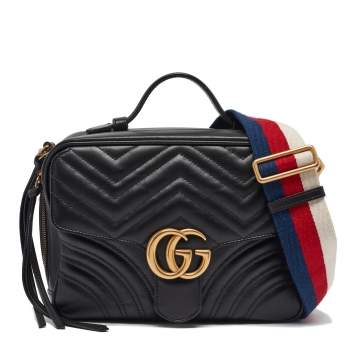 Pre Owned Gucci Black Matelassé Leather GG Marmont Top Handle Bag