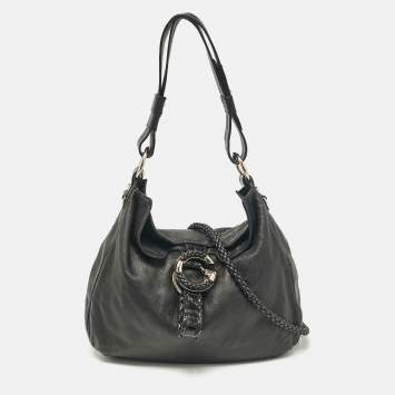 Pre Owned Gucci Black Leather and Crocodile Medium G Wave Hobo