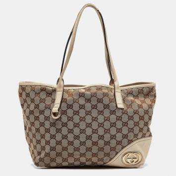 Pre Owned Gucci Beige/Off White GG Canvas and Leather Britt Tote