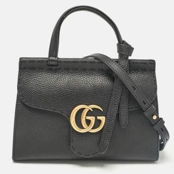 Pre Owned Gucci Black Leather Mini GG Marmont Top Handle Bag