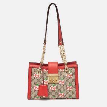 Pre Owned Gucci Red/Beige GG Supreme Canvas Apple Print Small Padlock Shoulder Bag