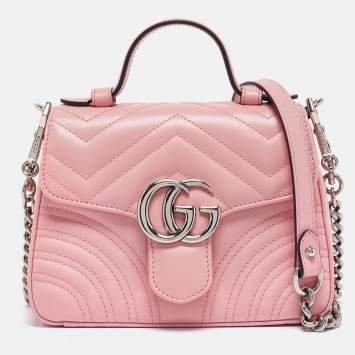 Pre Owned Gucci Pink Matelassé Leather Mini GG Marmont Top Handle Bag