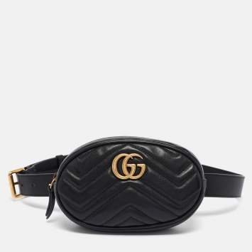 Pre Owned Gucci Black Matelassé Leather GG Marmont Belt Bag