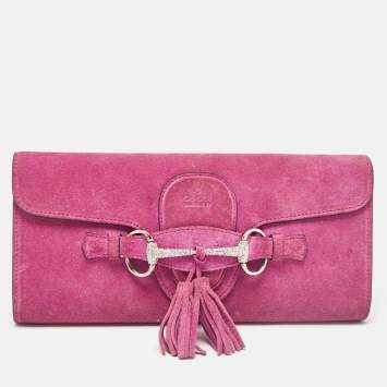 مملوكة مسبقًا Gucci Pink Suede Crystals Horsebit Broadway Clutch
