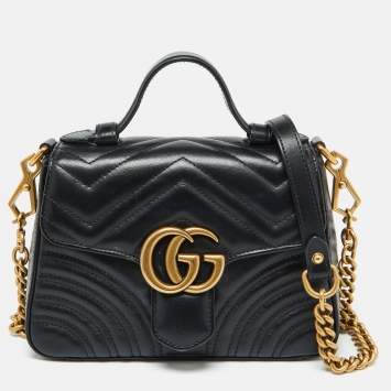 Pre Owned Gucci Black Leather GG Marmont Mini Top Handle Bag