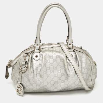 Pre Owned Gucci Silver Guccissima Leather Sukey Satchel