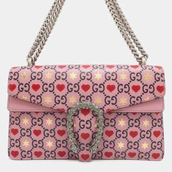 Pre Owned Gucci Pink Leather Dionysus GG Supreme Heart Valentine Chain Shoulder Small Bag