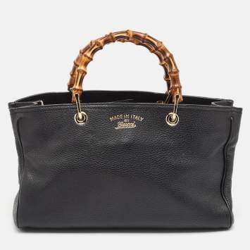 Pre Owned Gucci Black Leather Medium Bamboo Shopper Tote