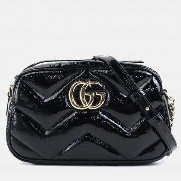 Pre Owned Gucci Black Patent Leather GG Marmont Shoulder Bag