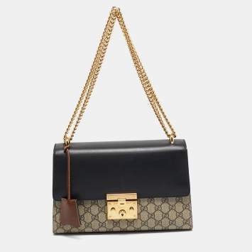 Pre Owned Gucci Black/Beige GG Supreme Canvas and Leather Medium Padlock Shoulder Bag