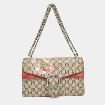 Pre Owned Gucci Pink/Beige Signature Coated Canvas and Suede Small Dionysus Shoulder Bag