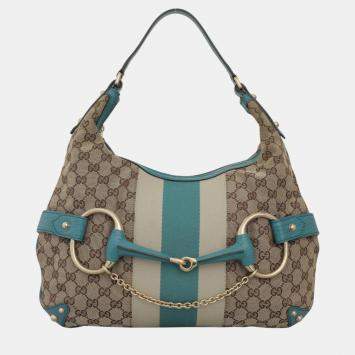 Pre Owned Gucci Blue, Brown Leather, Canvas Oversized Horsebit Hobo Bag 