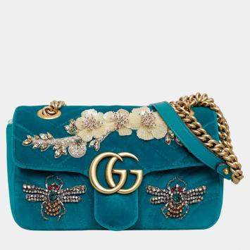 Pre Owned Gucci Teal Velvet Mini Velvet Embroidered GG Marmont Flap Bag 