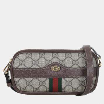 Pre Owned Gucci Brown/Beige Canvas and Leather Ophidia GG Mini Shoulder Bag