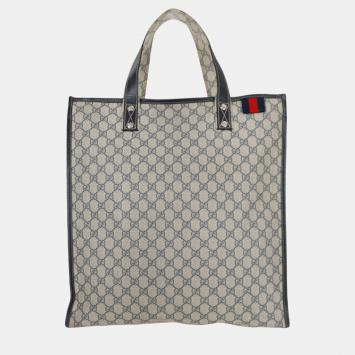 Pre Owned Gucci Navy Blue GG Supreme Canvas Vertical Web Loop Tote