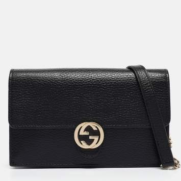 Pre Owned Gucci Black Leather Interlocking G Wallet On Chain