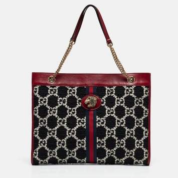 Pre Owned Gucci Red/Black Jumbo GG Tweed Large Rajah Tote