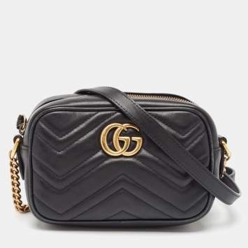 Pre Owned Gucci Black Matelasse Leather Mini GG Marmont Shoulder Bag