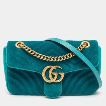 Pre Owned Gucci Green Matelassé Velvet Small GG Marmont Shoulder Bag