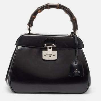 Pre Owned Gucci Black Glossy Leather Bamboo Lady Lock Top Handle Bag