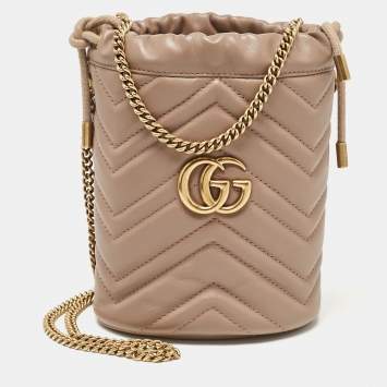 Pre Owned Gucci Beige Matelassé Leather Mini GG Marmont Torchon Bucket Bag      