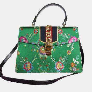 Pre Owned Gucci Green Multicolor Gold Satin Sylvie Shoulder Bag