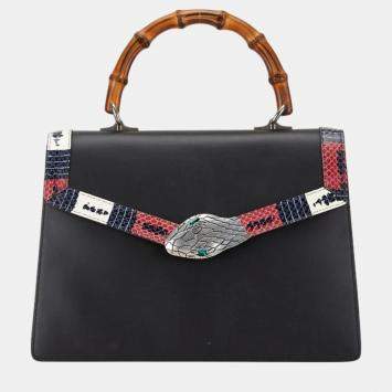 Pre Owned Gucci Black Leather Lilith Coral Snake Bamboo Handbag