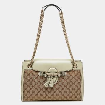 Pre Owned Gucci Beige/White GG Canvas and Leather Large Emily Chain Shoulder Bag