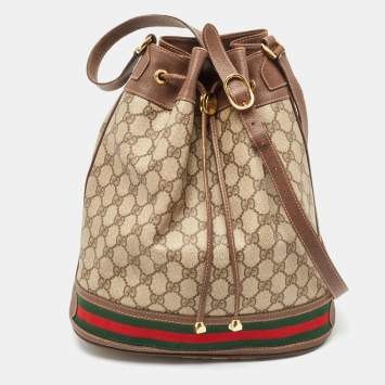 Pre Owned Gucci Beige/Brown GG Supreme Canvas and Leather Ophidia Bucket Bag