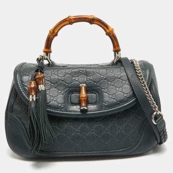Pre Owned Gucci Navy Blue Leather Large New Bamboo Tassel Top Handle Bag