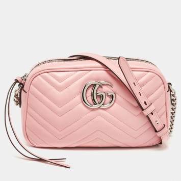 Pre Owned Gucci Pink Matelassé Leather Small GG Marmont Shoulder Bag