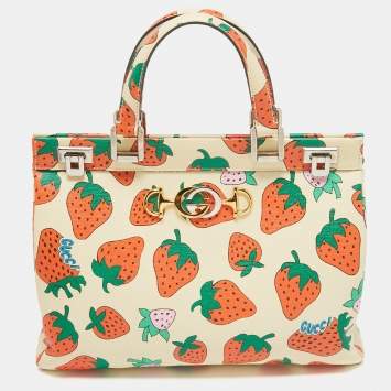 Pre Owned Gucci Multicolor Strawberry Print Leather Medium Zumi Tote