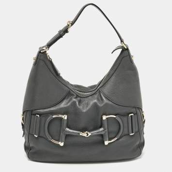 Pre Owned Gucci Dark Grey Leather Medium Web Horsebit Heritage Hobo