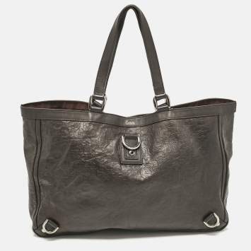 Pre Owned Gucci Dark Brown Horsebit Embossed Leather Abbey D-Ring Tote