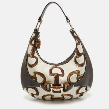 Pre Owned Gucci Dark Brown/Natural Print Canvas Bamboo Horsebit Amalfi Hobo
