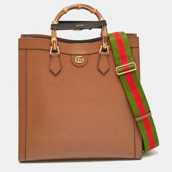 Pre Owned Gucci Brown Leather Large Bamboo Diana Tote
