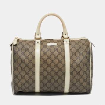 Pre Owned Gucci Beige/White GG Supreme Canvas and Leather Medium Joy Boston Bag