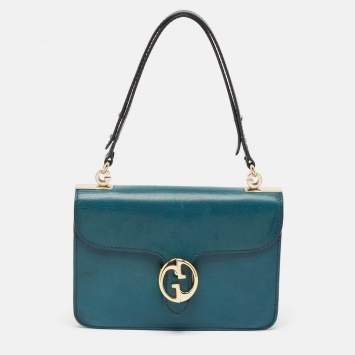 Pre Owned Gucci Teal Blue Leather 1973 Medium Flap Top Handle Bag