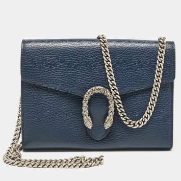 Pre Owned Gucci Dark Blue Leather Mini Dionysus Wallet on Chain 