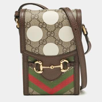 Pre Owned Gucci Beige/Ebony GG Supreme Geometric Print Canvas Mini Horsebit 1955 Crossbody Bag