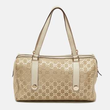 Pre Owned Gucci Off-White GG Suede and Leather Charmy Boston Bag