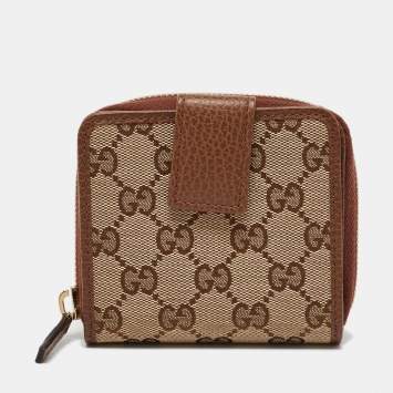 Pre Owned Gucci Beige/Brown GG Canvas and Leather Emblem Zip Mini Wallet