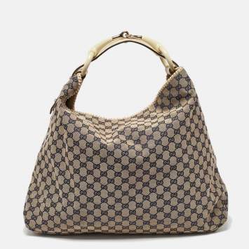 Pre Owned Gucci Off White/Navy Blue GG Canvas and Leather Large Horsebit Hobo