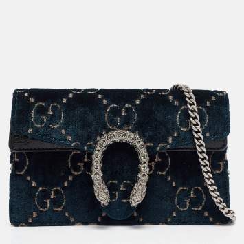 Pre Owned Gucci Dark Blue GG Velvet and Patent Leather Super Mini Dionysus Shoulder Bag