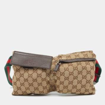 Pre Owned Gucci Beige/Brown GG Canvas and Leather Double Pocket Belt Bag