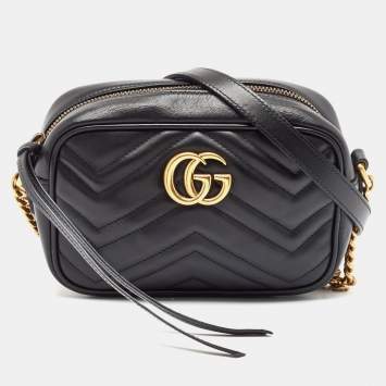 Pre Owned Gucci Black Matelassé Leather Mini GG Marmont Crossbody Bag